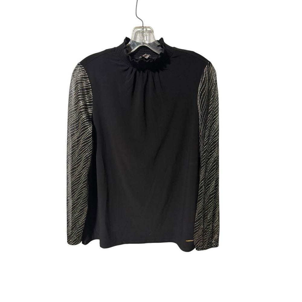 Anne‎ Klein Size Medium Black Mock Neck Blouse Gold Metallic Sheer Long Sleeve